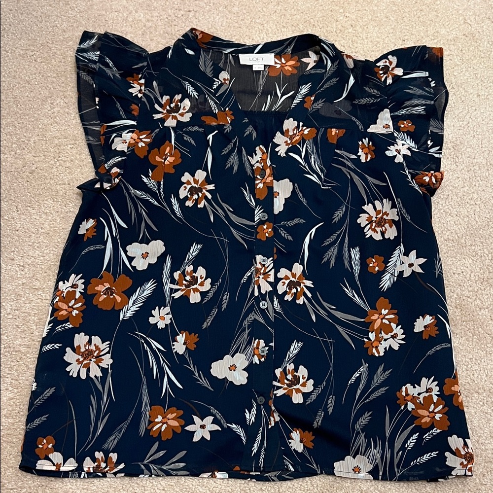 LOFT Dark Blue and Orange Floral Blouse